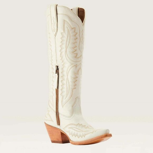 Women's White Vintage Chunky Tall Knee High Heel Western Embroidery Boots - Picture 5 of 7